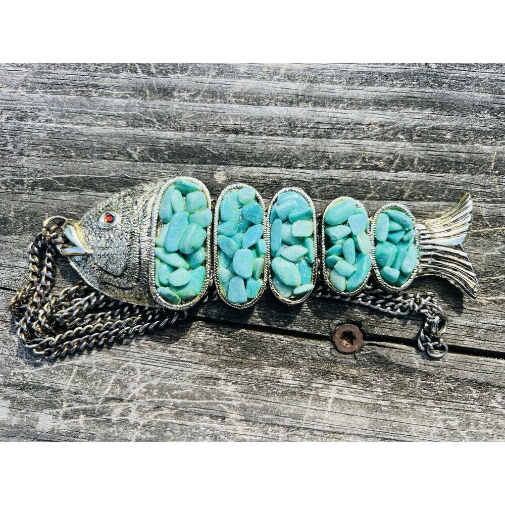 Vintage Turquoise Stone Red Eye Fish Pendant 5” Reticulated & Chain